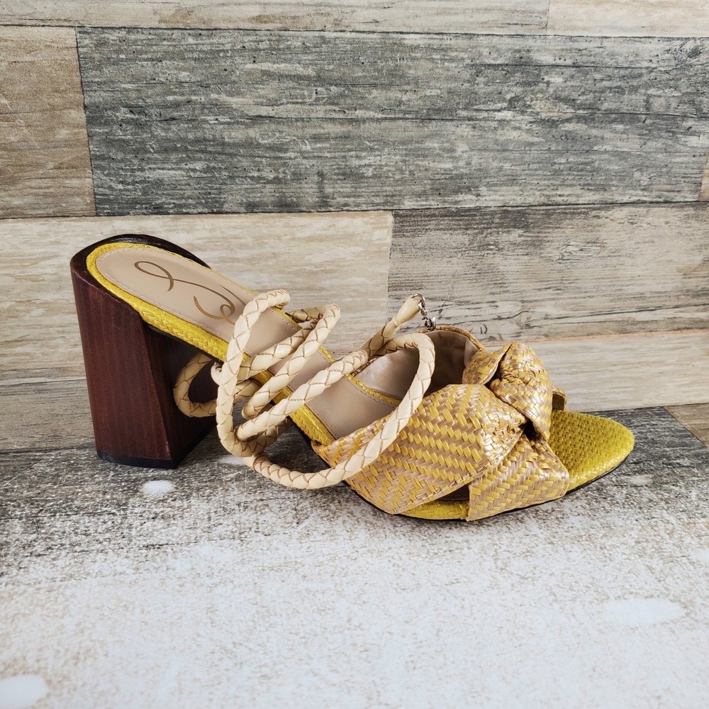 Sam Edelman Bodhi Women Lace Up Sandal Sz 7 M Gold Denim Faux Leather Block Heel